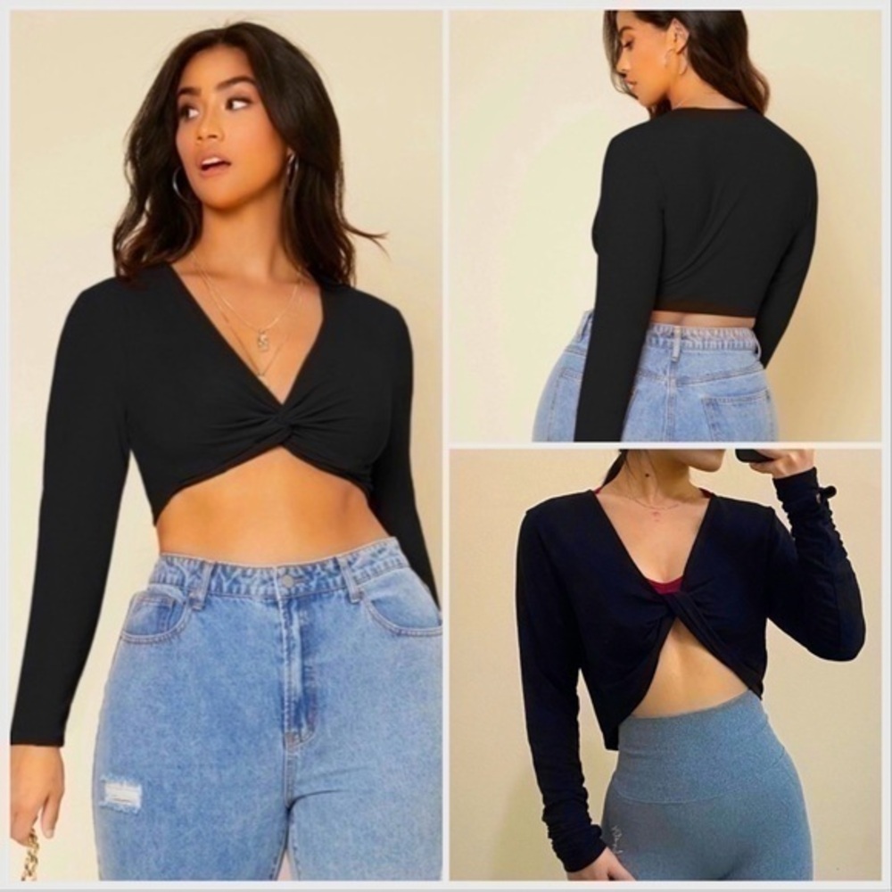 cAbi front twist long sleeve active top. Black. Medium. Stretch Crop